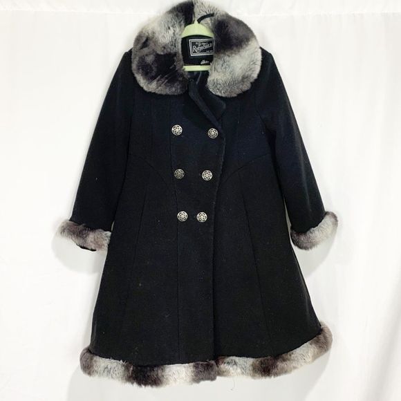 Rothschild Black Faux Wool Skater Coat with Faux Fur Trim
